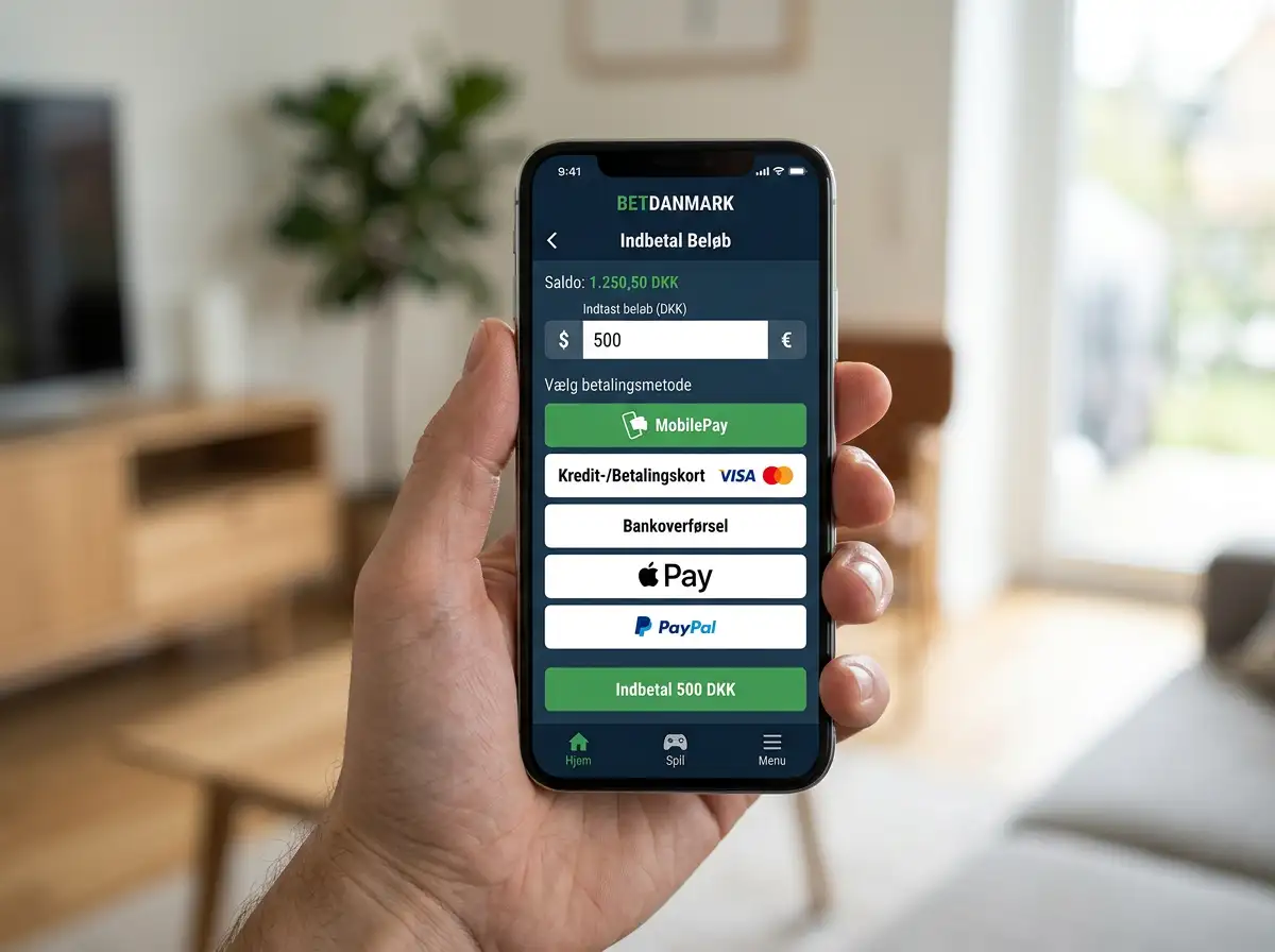 Smartphone der viser en sportsbook-app åben på indbetalingssiden