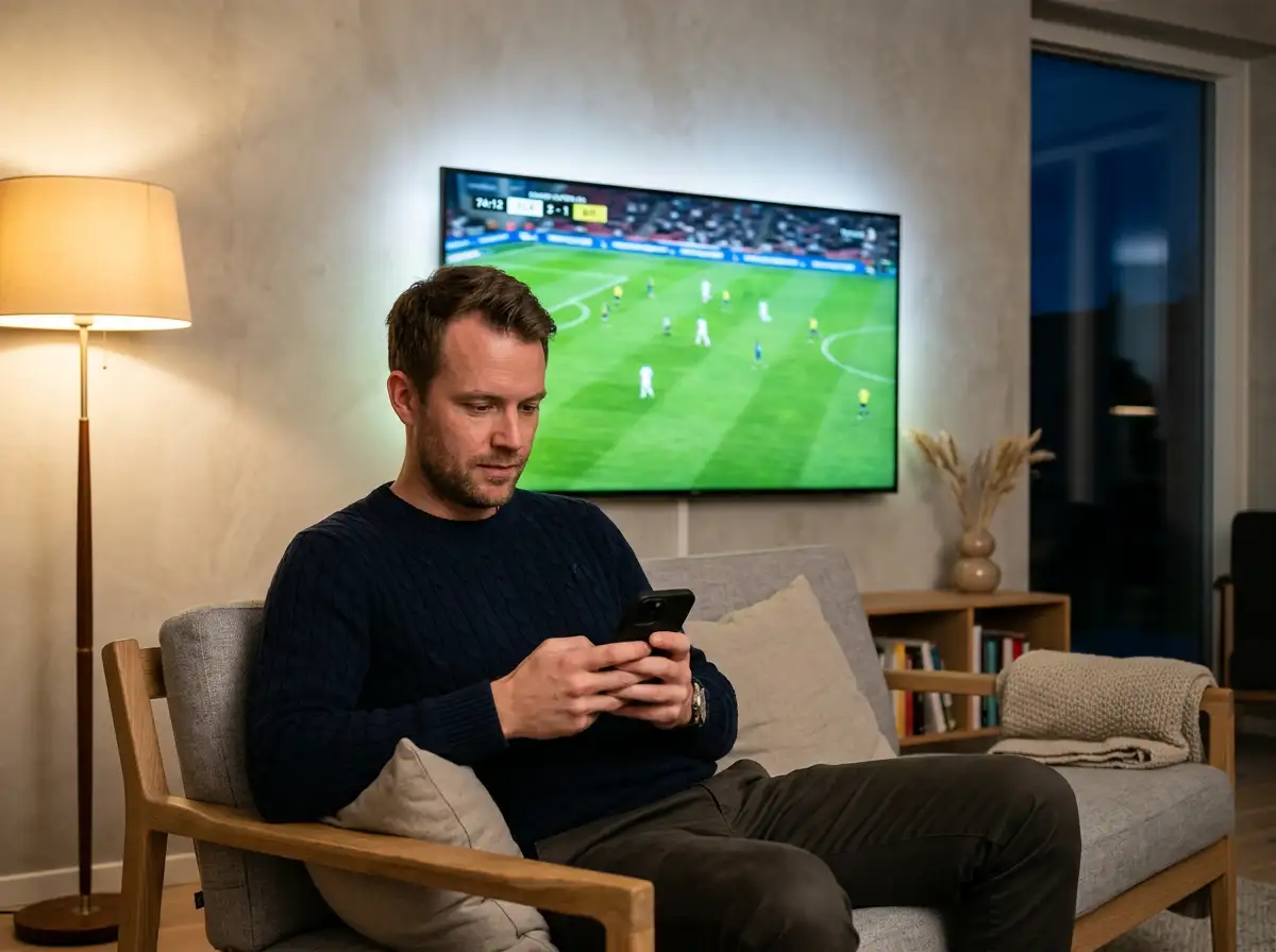 Mand i sofa ser fodboldkamp på fjernsynet og holder sin smartphone