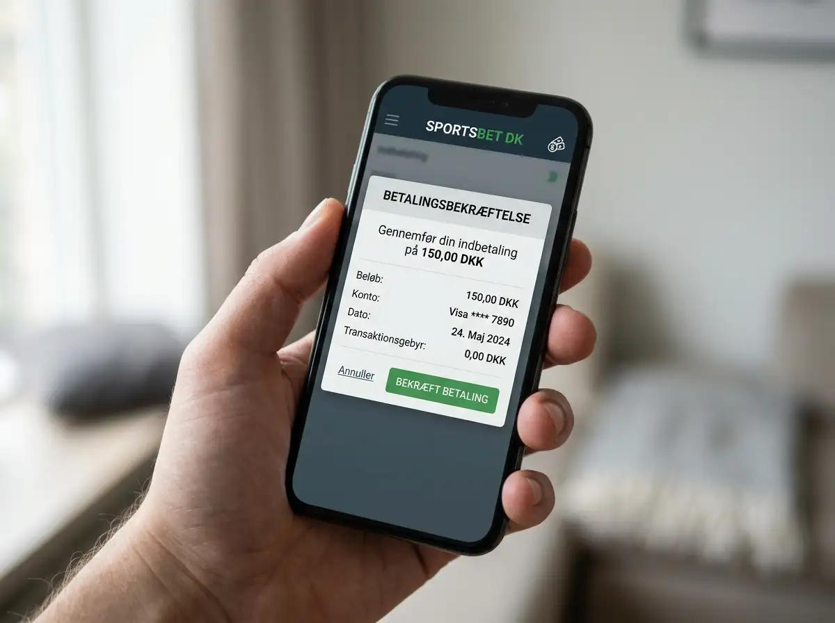 Smartphone der viser en bookmaker-app med en åben betalingsdialog