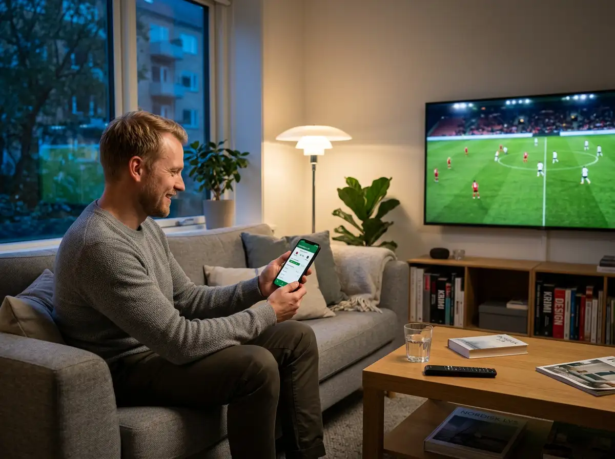 Person følger fodboldkamp på fjernsyn og placerer væddemål via mobiltelefon