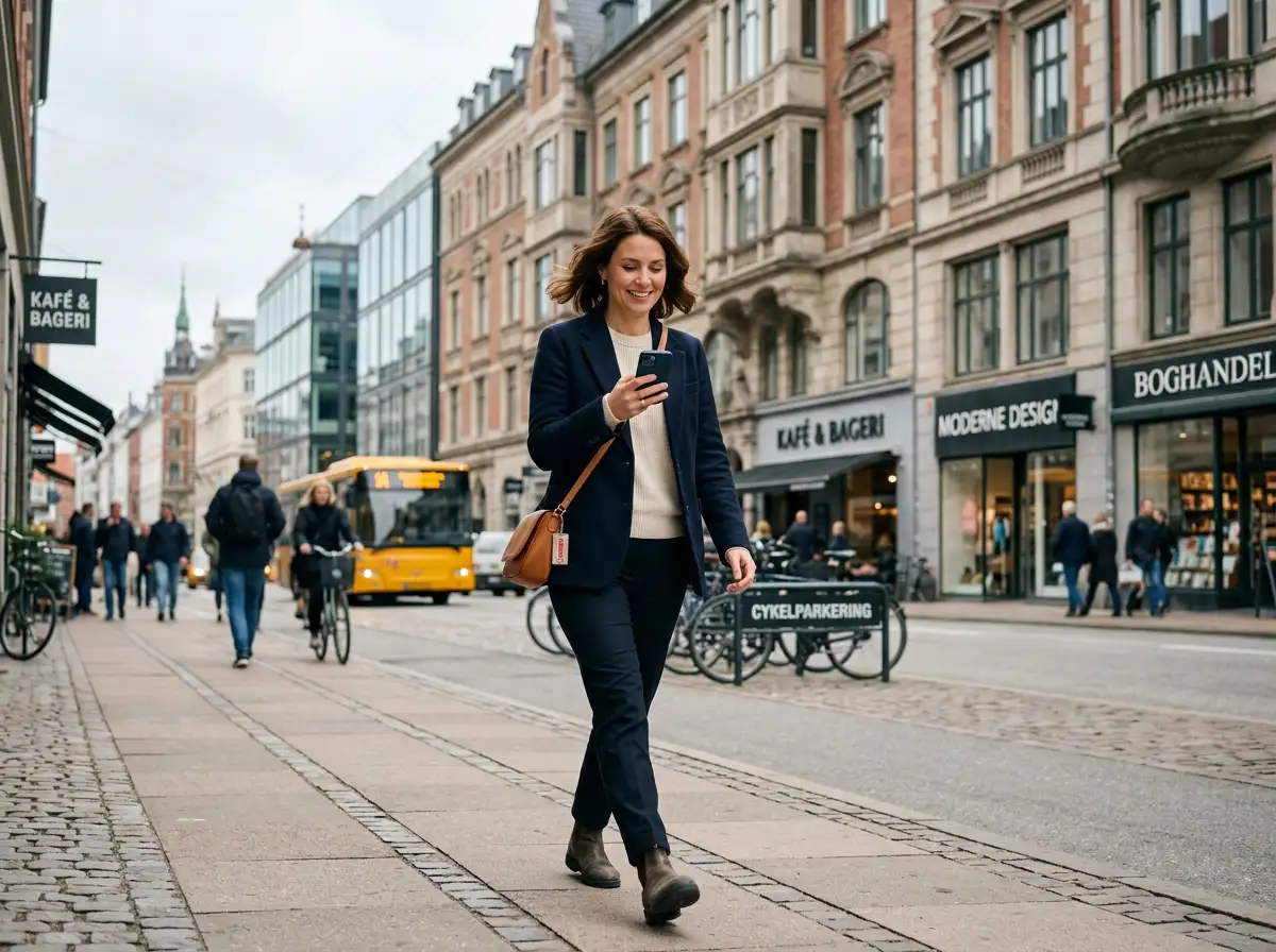 Ung kvinde går på en europæisk bygade med smartphone i hånden