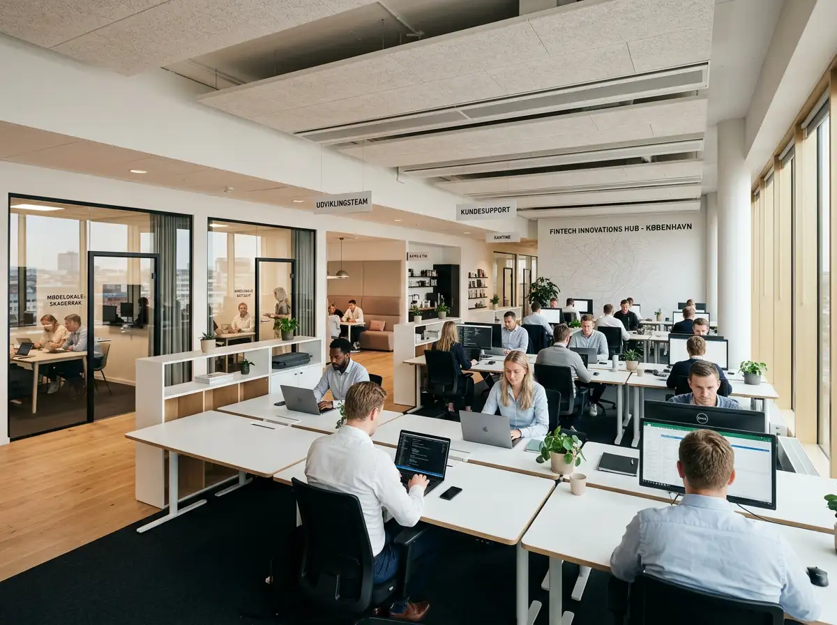 Moderne fintech-kontor med åbent arbejdsrum og medarbejdere ved bærbare computere