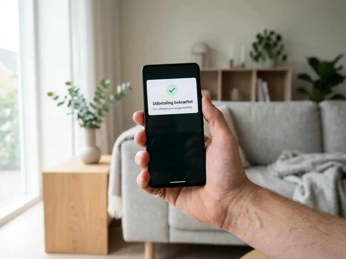 Spiller modtager udbetalingsbekræftelse på mobiltelefon kort efter Trustly-anmodning