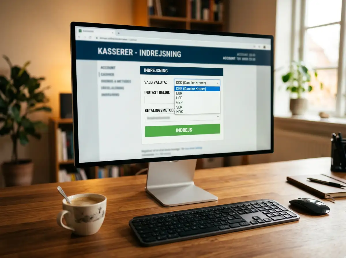 Cashier-skærm med valutavalg DKK EUR og Trustly-flow synligt